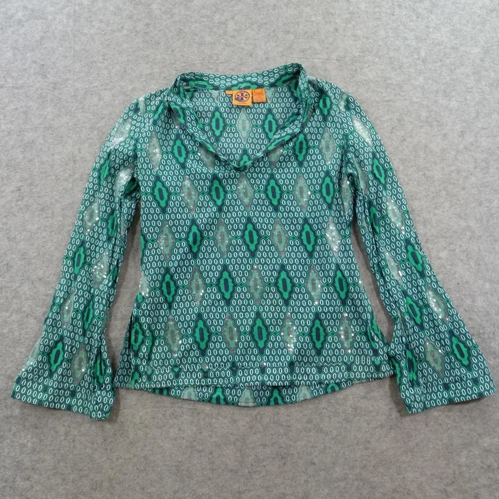 Tory Burch Tunic Top Womens 4 Green Geometric Sequin Embellished Flute Sleeve